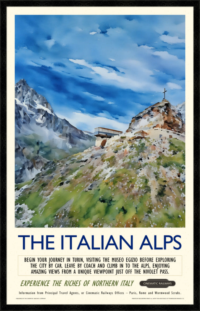 The Italian Alps  - a vintage travel poster inspired by your favourite film / movie - Cinematic Railways