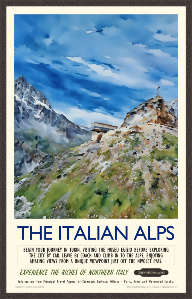 The Italian Alps  - a vintage travel poster inspired by your favourite film / movie - Cinematic Railways