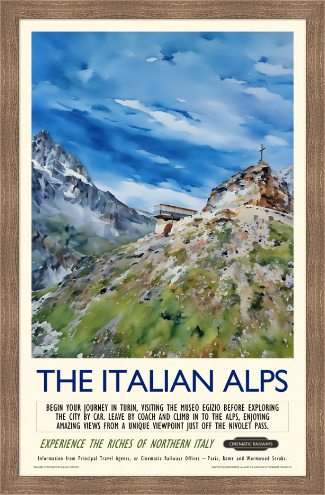 The Italian Alps  - a vintage travel poster inspired by your favourite film / movie - Cinematic Railways