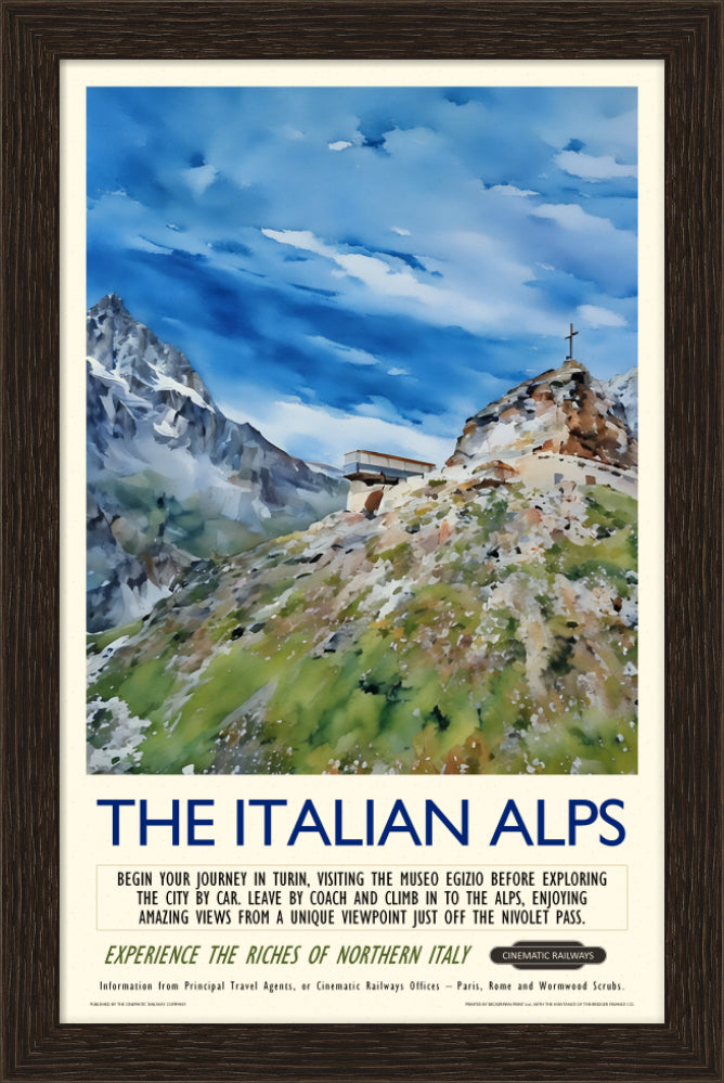 The Italian Alps  - a vintage travel poster inspired by your favourite film / movie - Cinematic Railways